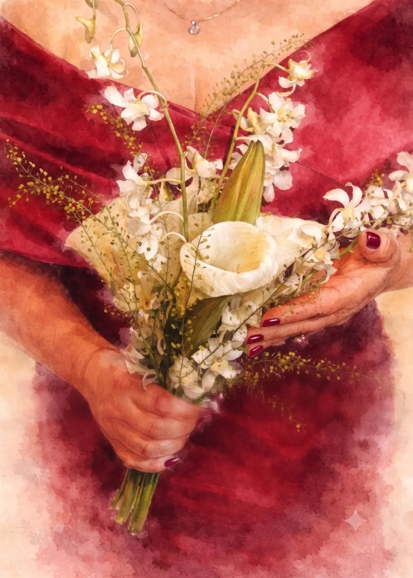 Capa do livro O Buquê, aquarela de mulher segurando um buquê de flores brancas